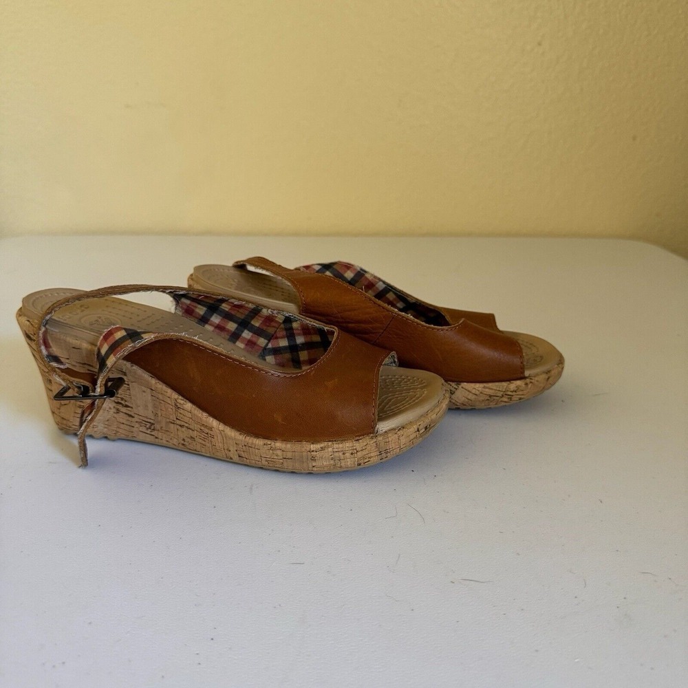 Crocs A-Leigh Brick Brown Leather Cork Wedge Slingback Sandals Size 7 - 11848